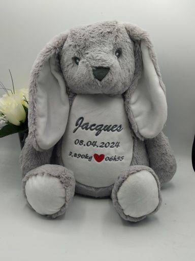 Peluche Lapin Gris Personnalisée – Informations de Naissance Brodées Peluche Lapin Gris Personnalisée – Informations de Naissance Brodées
