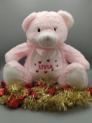 Peluche Ours Rose Personnalisée – Prénom Brodé et Petits Cœurs Peluche Ours Rose Personnalisée – Prénom Brodé et Petits Cœurs